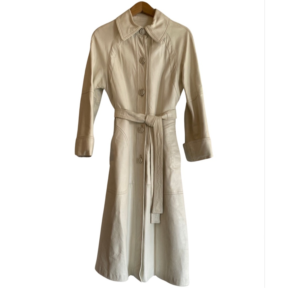 Genuine Real‎ Leather Trench Coat VTG M 70s Vintage Long Jacket White